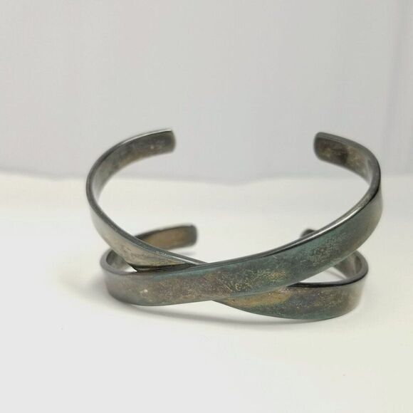 Vintage Sterling Silver X Cross Over Bypass Design Cuff Bangle Bracelet, Mexico - Picture 2 of 8